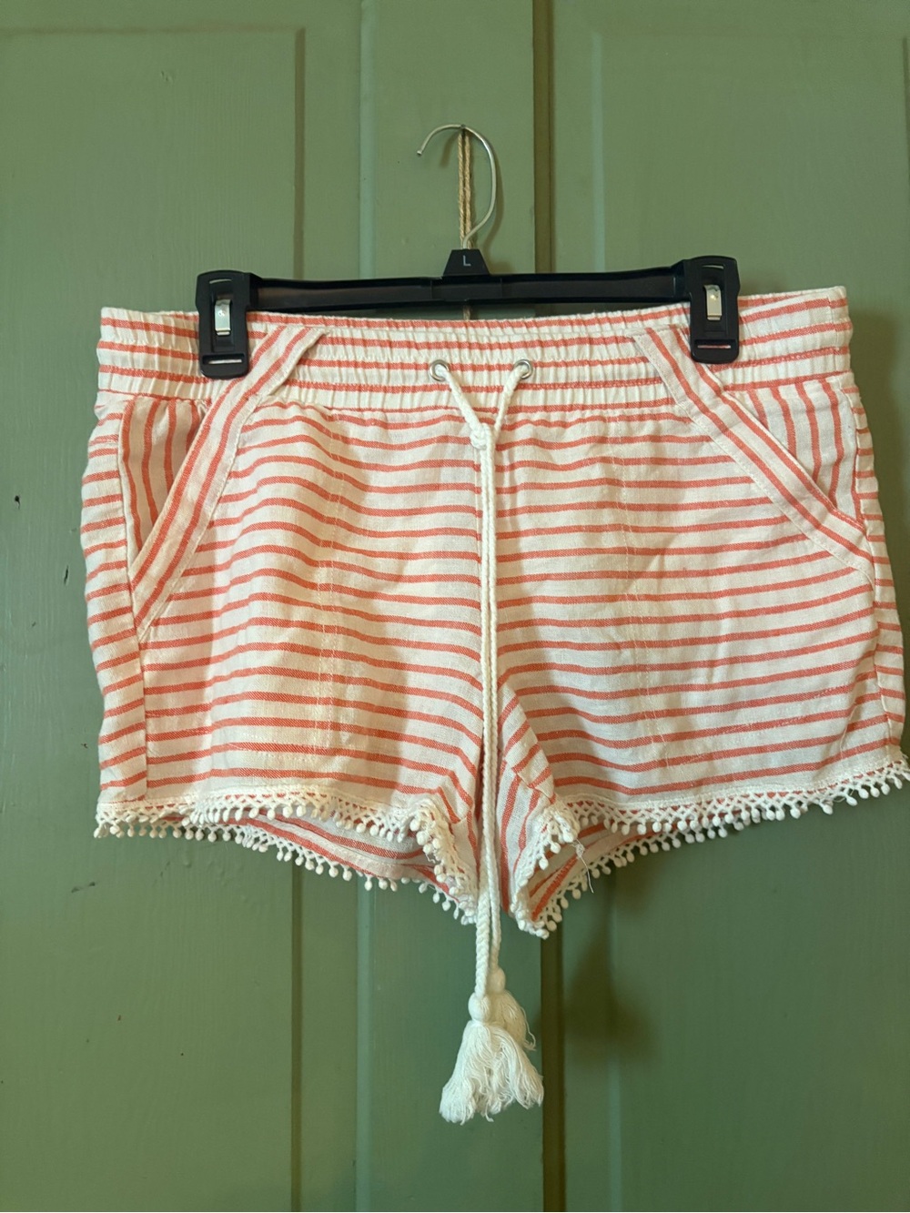 Rewind Coral and White Striped Drawstring Fringe Hem Skorts